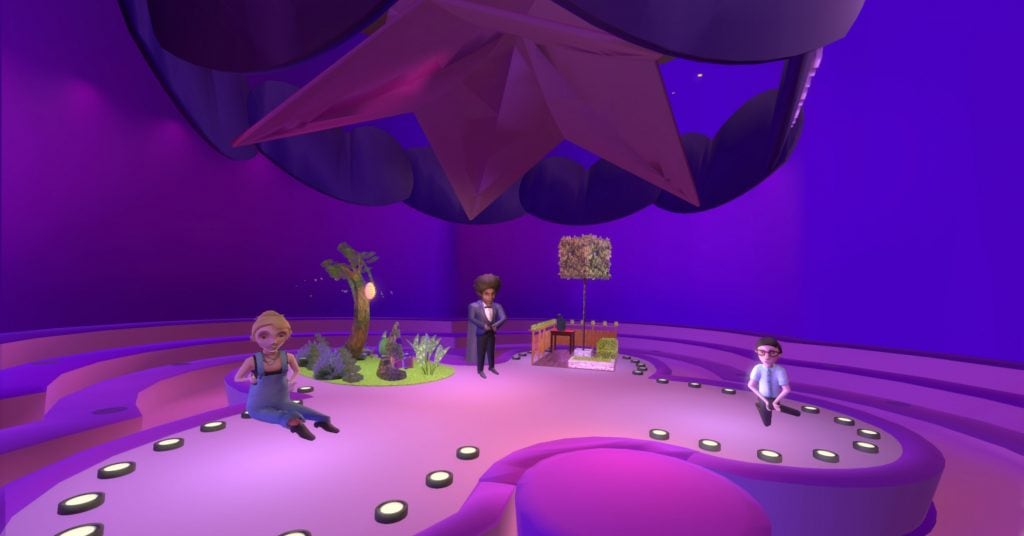 Nach der Aufführung gab es noch ein Q&A mit den Schauspielern in VR. Im Hintergrund sieht man die beiden sehr unterschiedlichen Gärten von Abby und Bruce.